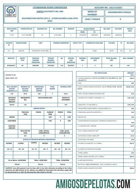 Formatos Word e PDF da conta de serviços públicos de eletricidade da Hindi Uttarakhand Power Corporation exemplo